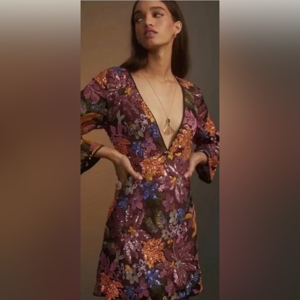 Anthropologie Sequin Embroidered Floral Mini Dress